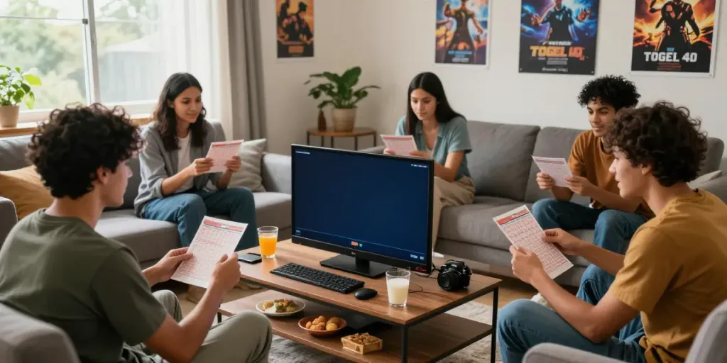 Friends eagerly analyzing their tickets during a togel 4d results party.