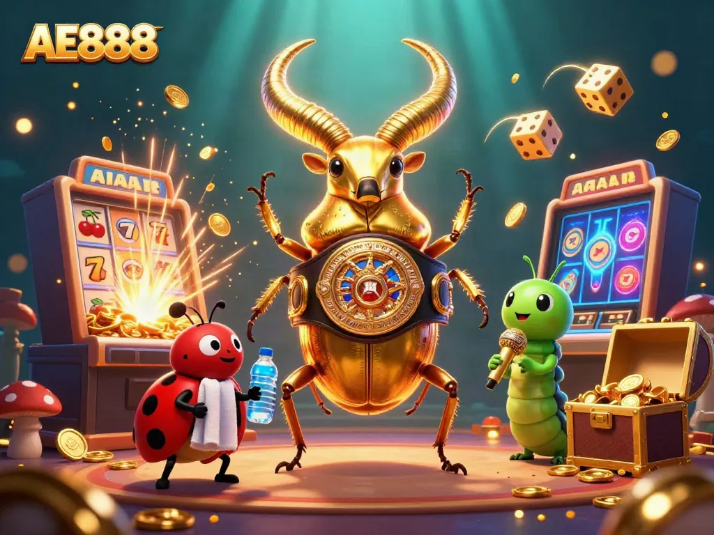 Celebrate winning at AE888 casino with a dazzling 3D scene of characters amidst jackpot excitement and casino games.