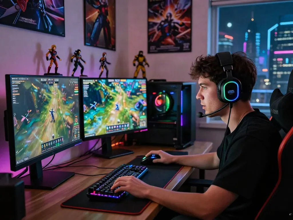 Gamer engaged in intense gameplay at warung168 setup with vibrant monitors and RGB lights.