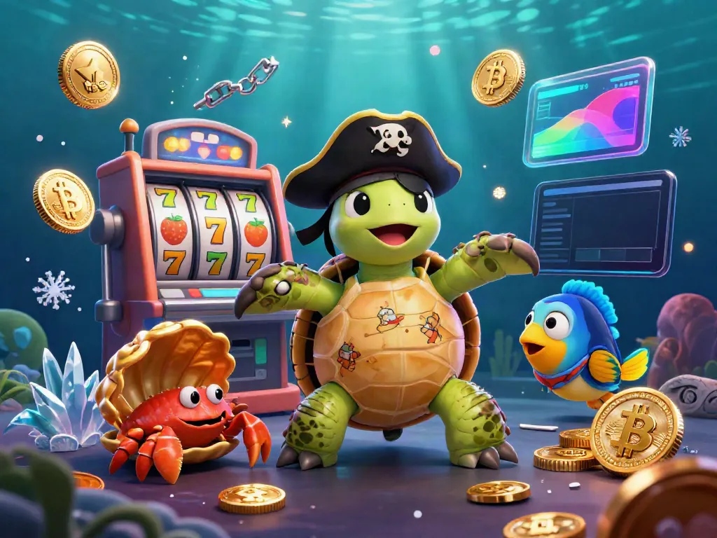 Engaging scene of a 3D cartoon turtle, crab, and parrotfish amidst vibrant casino action showcasing toto tog with slot machine reels.