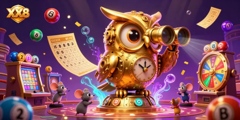 Experience excitement with XX8's dazzling casino scene featuring a golden owl, bustling mice, and vibrant lottery balls.