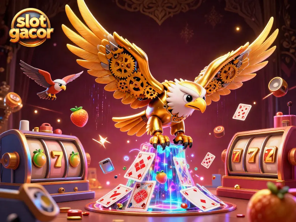 Dive into excitement with slot gacor as our golden eagle swoops through vibrant playing cards, showcasing thrilling spins.