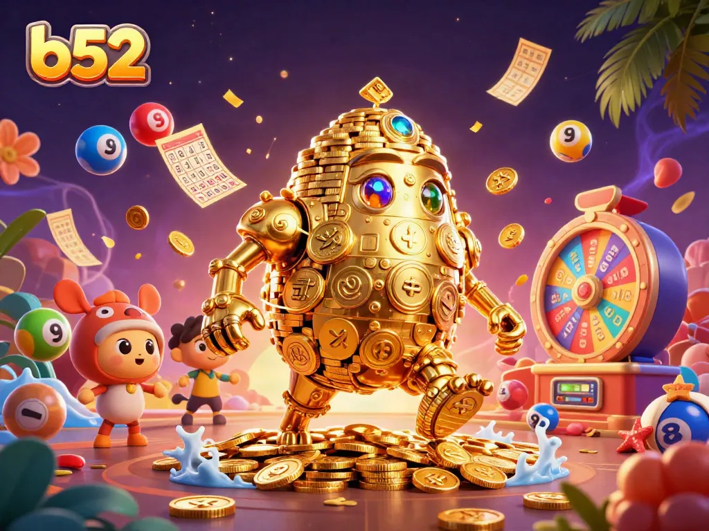 Engage with b52's gaming magic through an ancient golden golem surrounded by lottery and bingo elements.