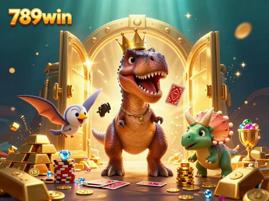 Engage in thrilling 789win casino adventures with a dynamic 3D cartoon scene of playful dinosaurs.