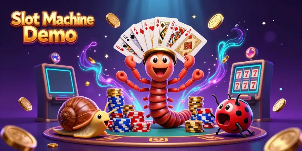 Engage with Slot Machine Demo through an energetic casino scene featuring a millipede dealer, vibrant chips, and winning cards.
