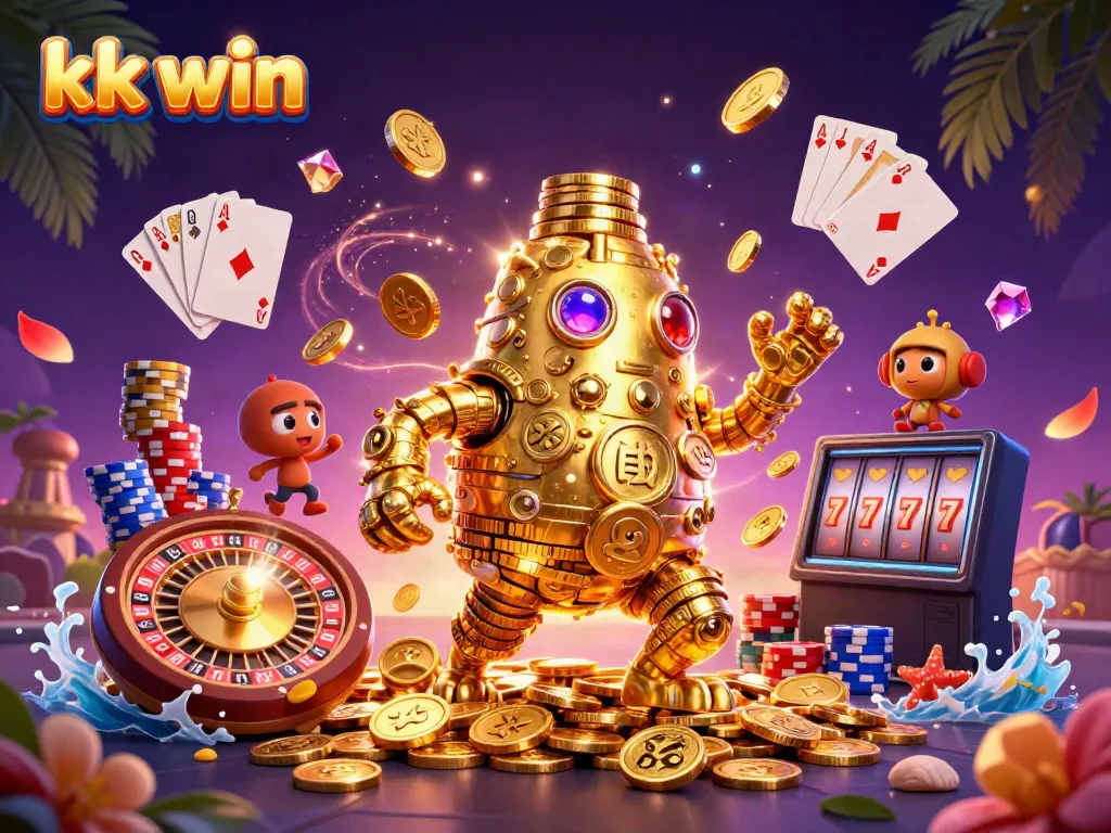 Experience the thrill of kk win with a golden golem surrounded by casino elements.