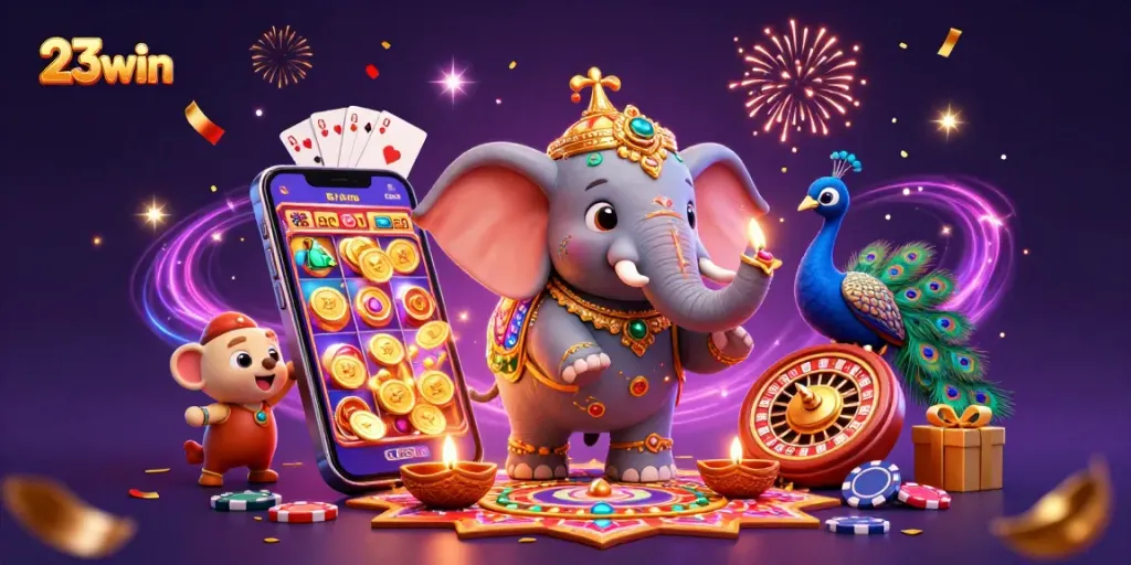 Engage in fun slot games with vibrant 23win casino visuals of animated characters and gaming elements.
