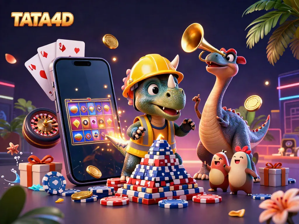 TATA4D engages players with a lively 3D casino scene that captures a triceratops celebrating amid gaming excitement.