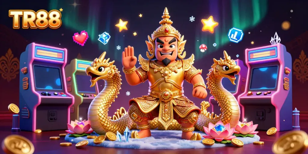 Experience exhilarating TR88 gameplay with a colorful guardian and gaming machines in a rich 3D scene.