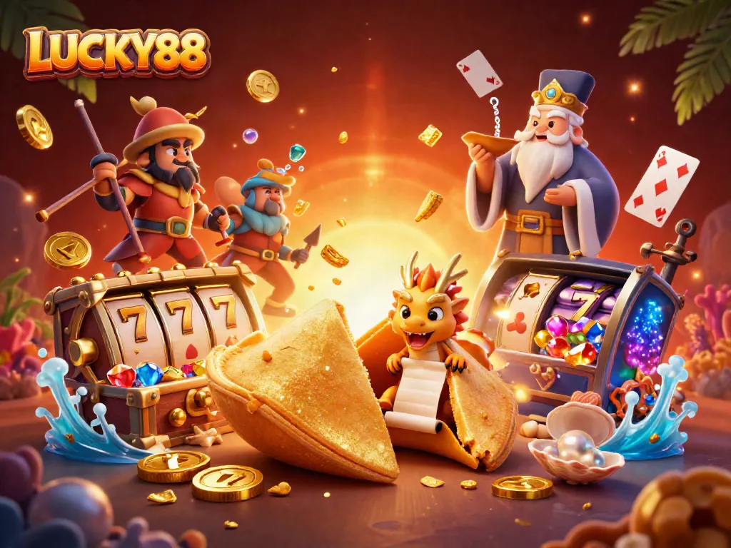 Experience the thrilling world of LUCKY88 with vibrant characters and dazzling casino elements in this rich illustration.