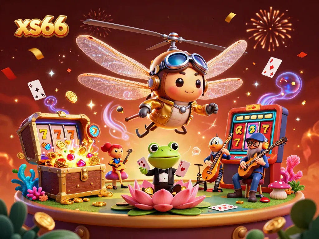 Experience the excitement of xs66 with a dragonfly pilot and frog croupier in a whimsical casino scene.