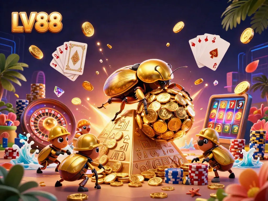 Experience the thrill of LV88 with a golden dung beetle rolling coins amidst vibrant casino symbols.