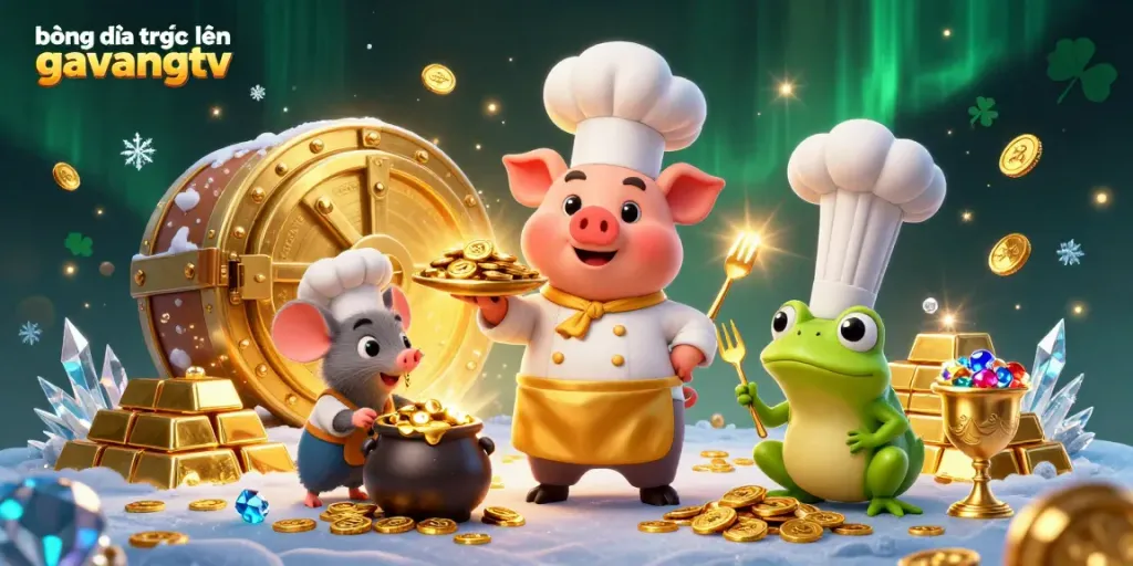 Engage in bóng đá trực tuyến gavangtv with a vibrant 3D scene of a chef pig, mouse, and frog amidst gold treasures.