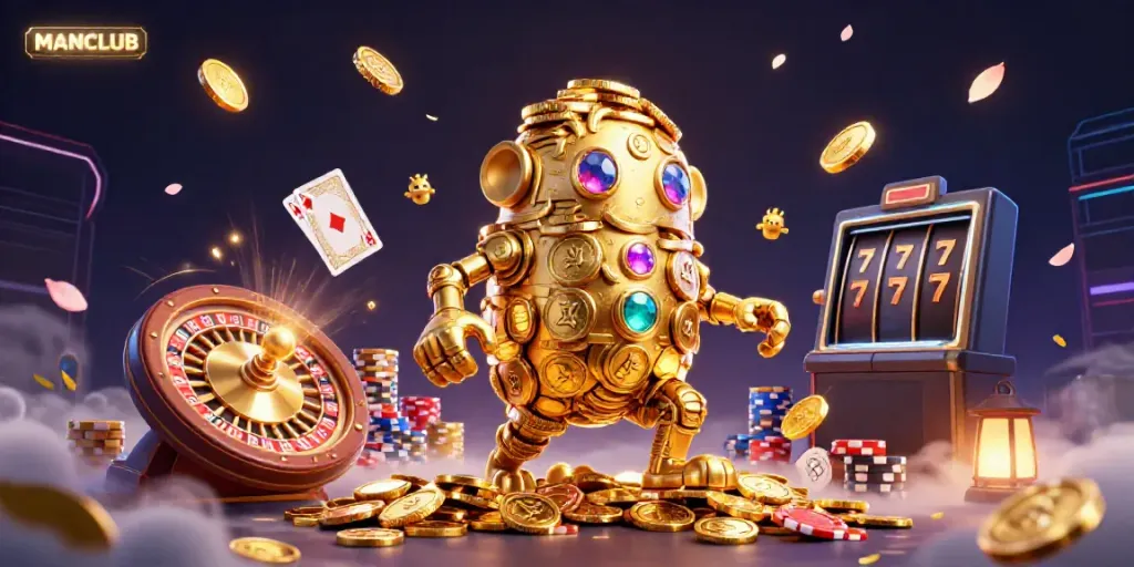 Experience the thrill of the MANCLUB gaming adventure with a golden golem surrounded by casino elements.