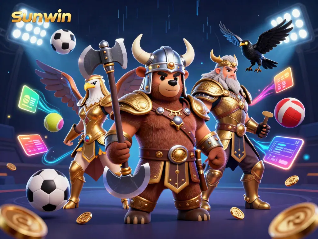 Win big with sunwin in this vibrant 3D casino illustration showcasing iconic game elements.