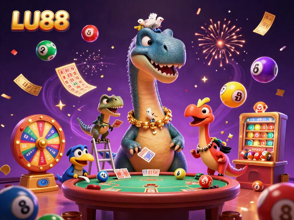 LU88 casino scene with a giant brontosaurus and clever raptor dealing cards, vibrant lottery elements.