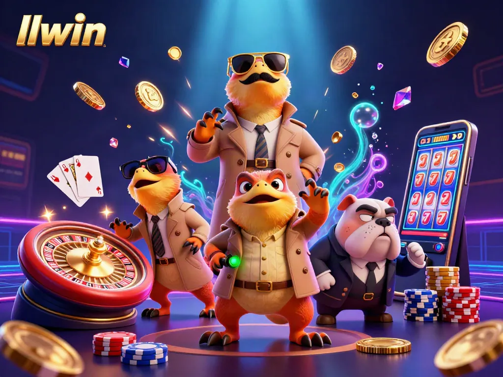 Experience the thrill of llwin with three cartoon raptors in a trench coat entering a VIP casino lounge.
