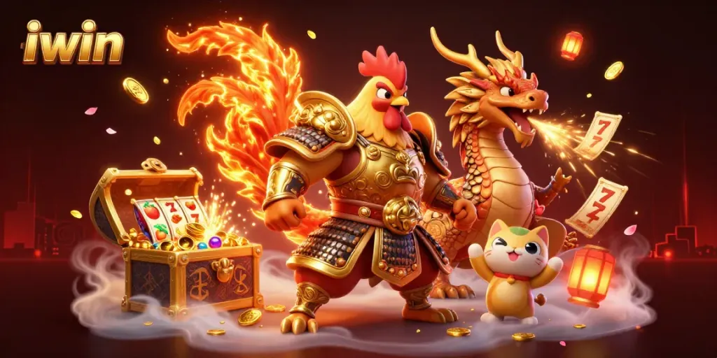 Play exciting games with iwin featuring a rooster warrior and dragon hatchling amidst slots and treasure.