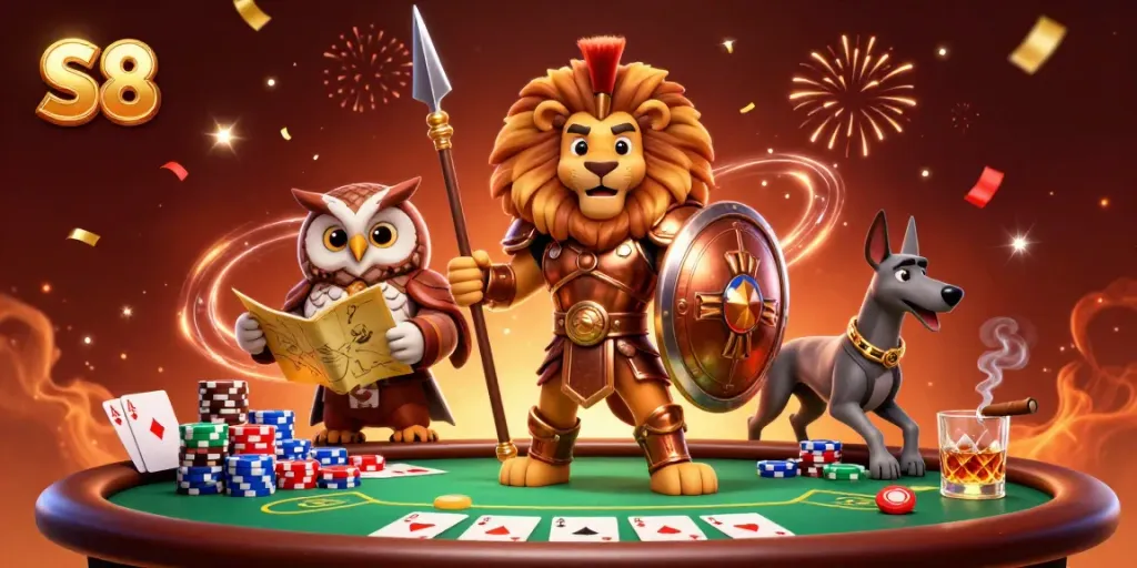 Experience S8's exciting online poker scene with unique characters and vibrant casino elements.
