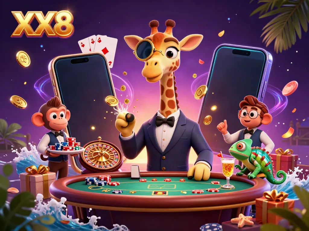 Experience excitement with XX8's dynamism in a high-roller casino scene featuring vibrant characters and rich gaming elements.
