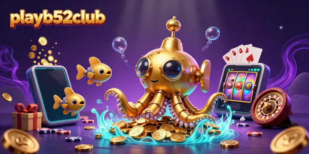Experience thrilling gameplay with playb52club, featuring a golden kraken submarine amidst casino elements.