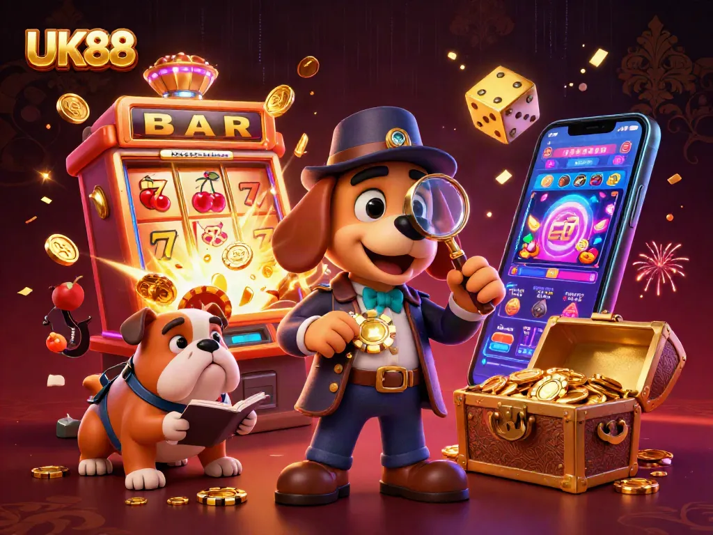UK88 players engage in thrilling casino action with slots, chips, and vibrant lights.
