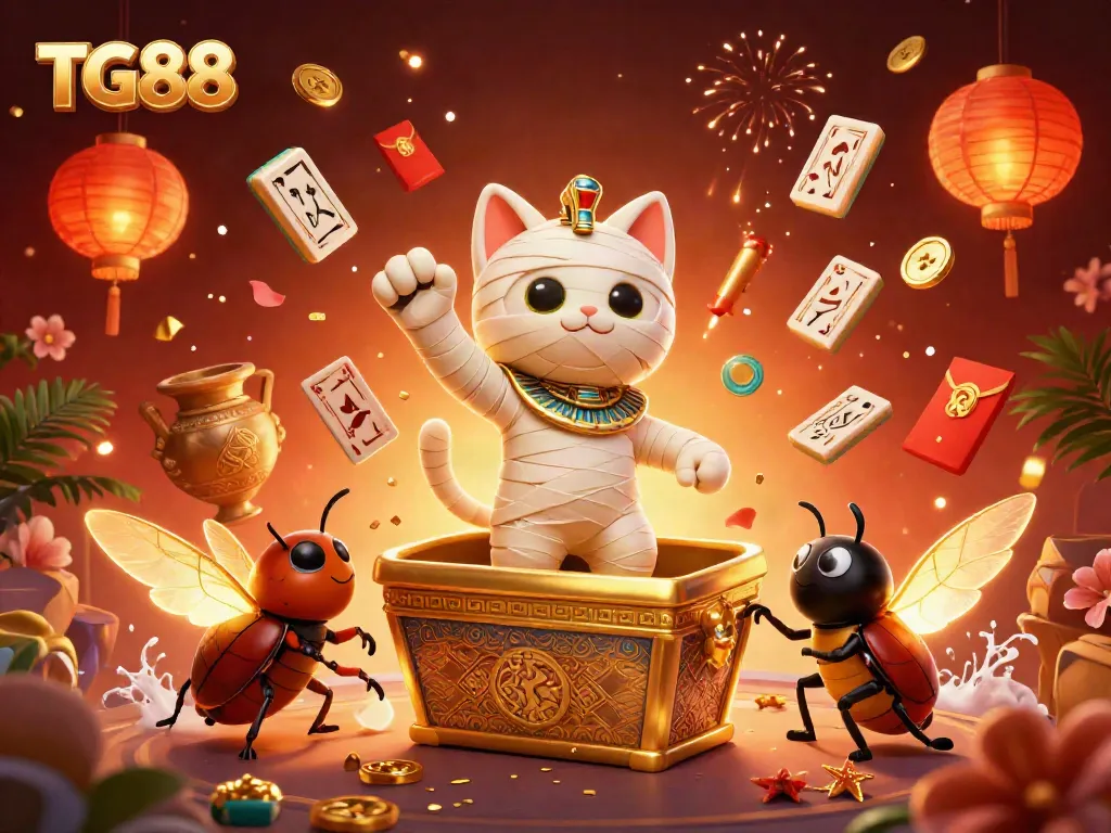 Experience the excitement of TG88 with a playful mummy cat and glowing scarab in action.