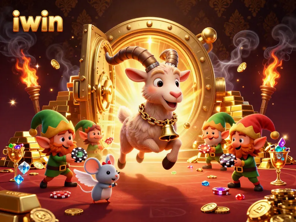 iwin casino illustration showcasing a Krampus goat, angel mouse, and elf gremlins stealing chips in a festive setting