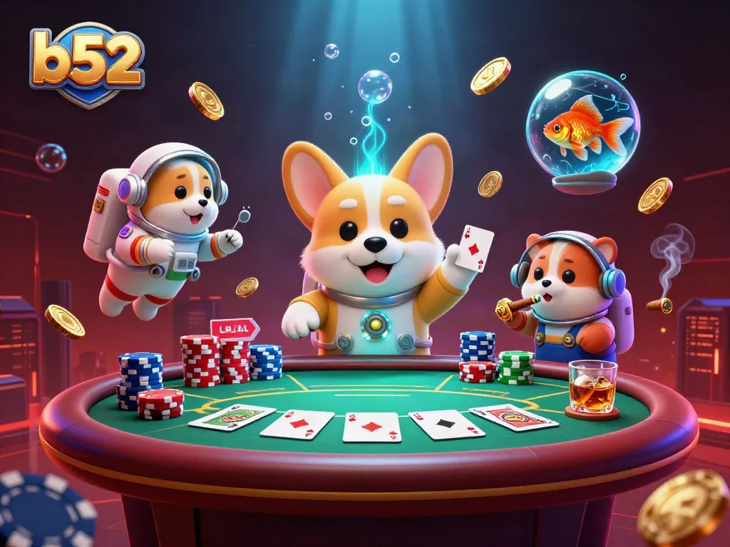 Play exciting games at b52 casino featuring a floating astronaut corgi and vibrant casino elements.