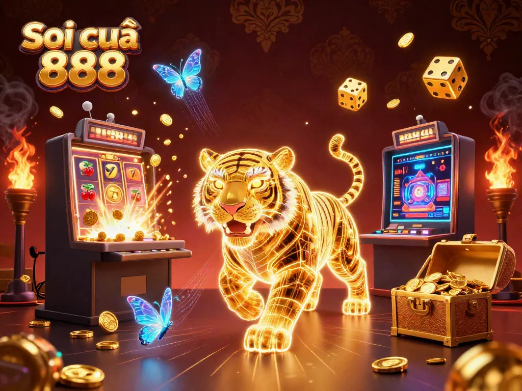 Visualize Soi cầu 888 with a neon tiger in a vibrant casino, showcasing dynamic slots and jackpot elements.