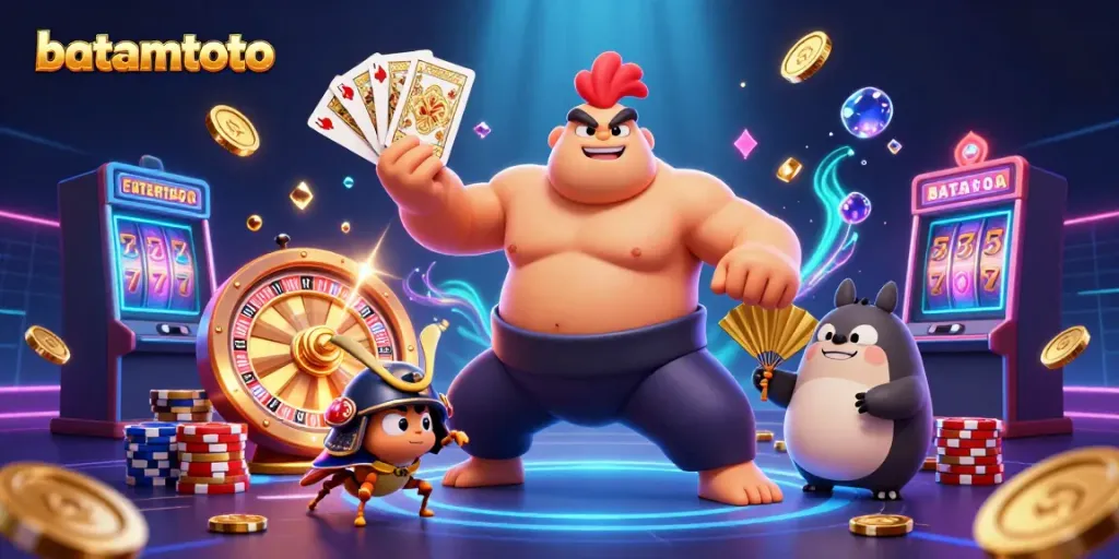 Experience the dynamic energy at batamtoto with a vibrant casino scene featuring characters and gaming elements.