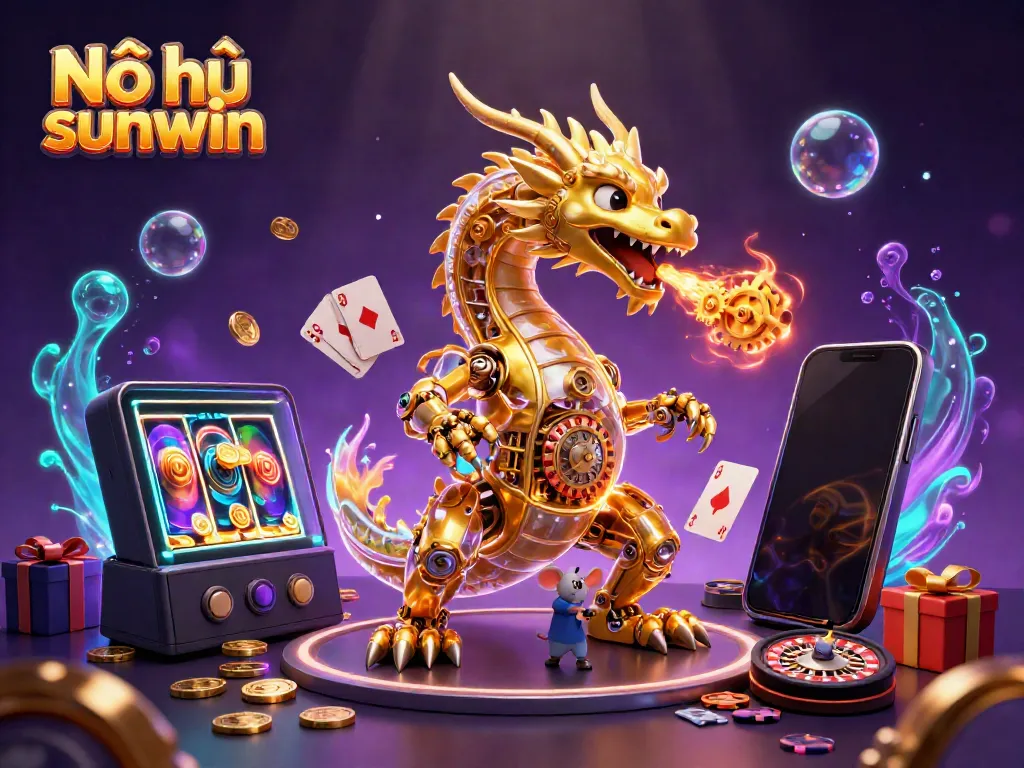 Nổ hũ sunwin features a golden dragon and a mouse engineer showcasing exciting casino elements.