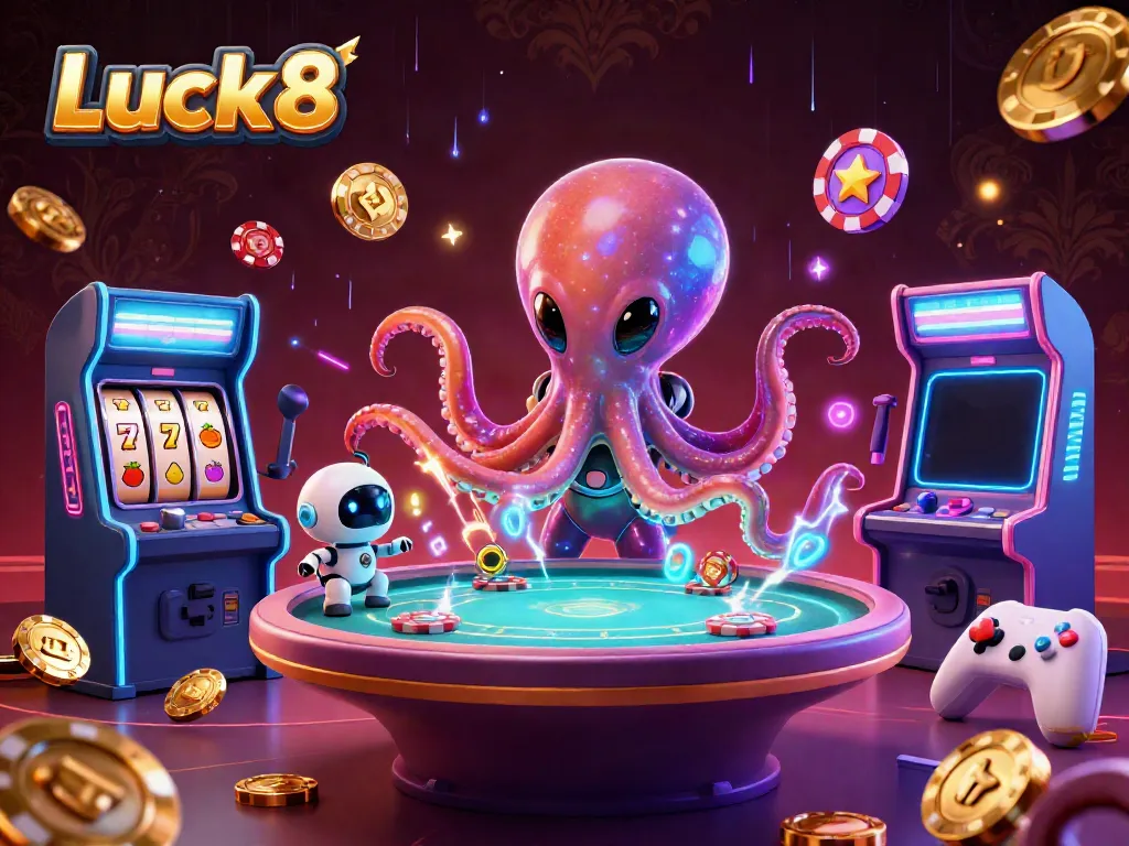 Luck8 showcases a 3D cartoon alien octopus at a poker table surrounded by cosmic casino-themed elements.