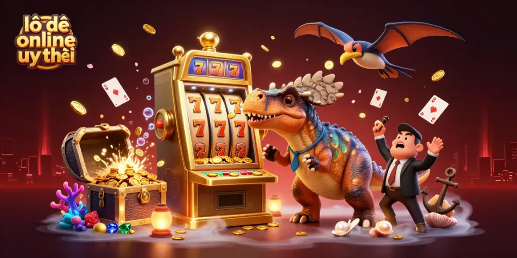 Engage in thrilling lô đề online uy tín with a dynamic scene featuring vibrant casino elements and animated characters.