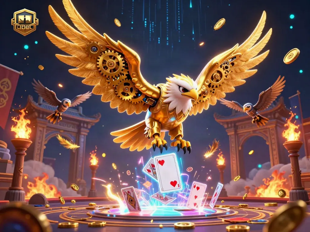 Experience the thrill of winning at onbet with a dynamic 3D casino scene featuring a cybernetic golden eagle.