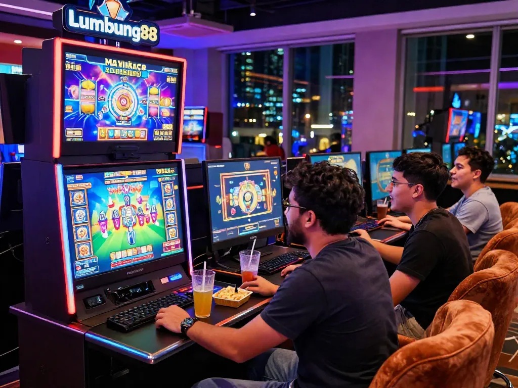 Lumbung88 gaming group enjoying a vibrant online casino experience with friends.