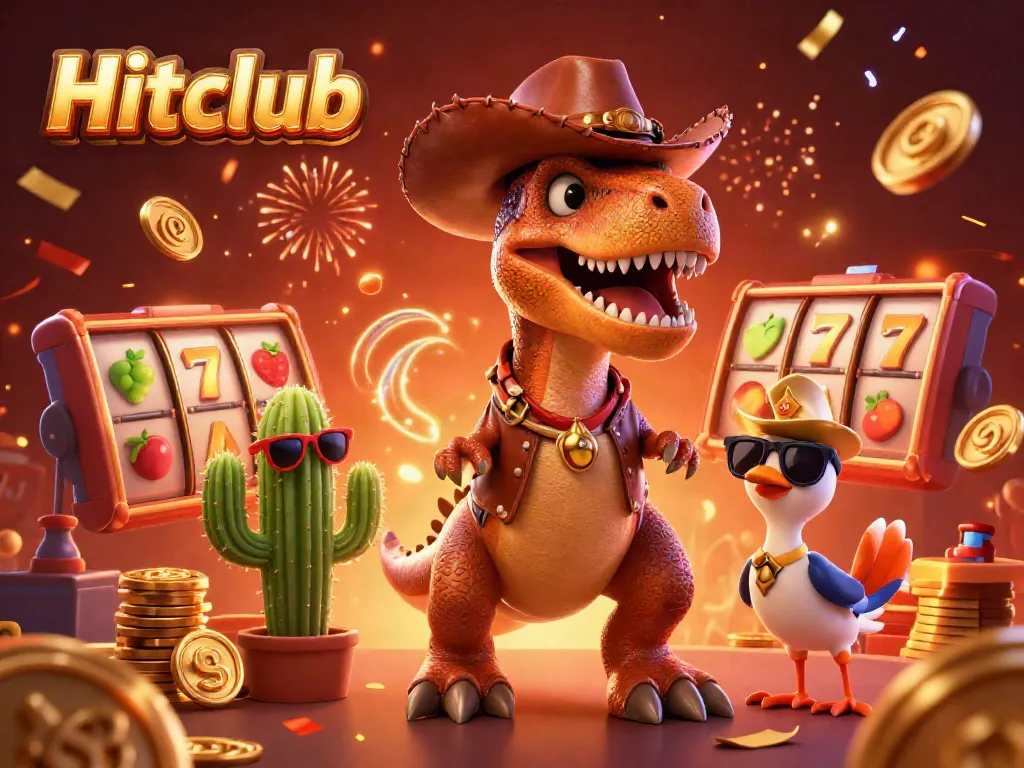 Engage in thrilling gameplay at Hitclub with a T-Rex dinosaur and friends celebrating casino wins with slots and jackpots.