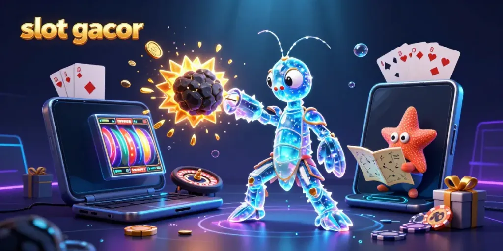 Menggairahkan permainan slot gacor dengan mantis udang galaksi, berkilau emas dan koin, serta permainan menarik di latar belakang.
