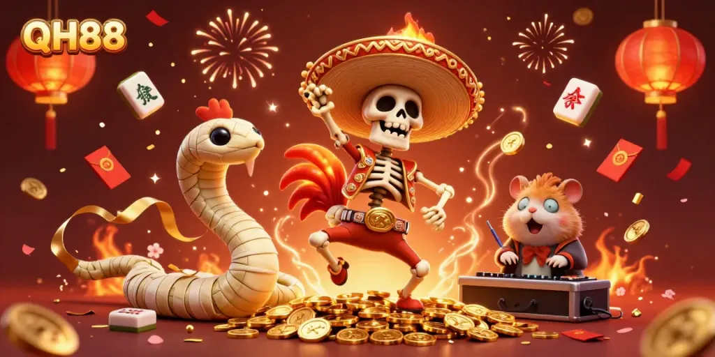 Celebrate big wins at QH88 with vibrant festivities in this 3D casino illustration.