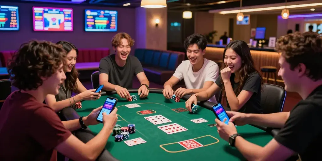 Group enjoying lumbung88 gaming experience in a vibrant setting
