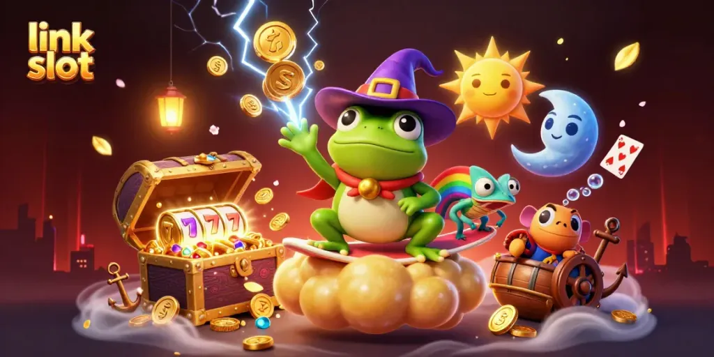 Engage with the link slot experience, surrounded by golden coins and colorful game elements in a vibrant, mystical scene.