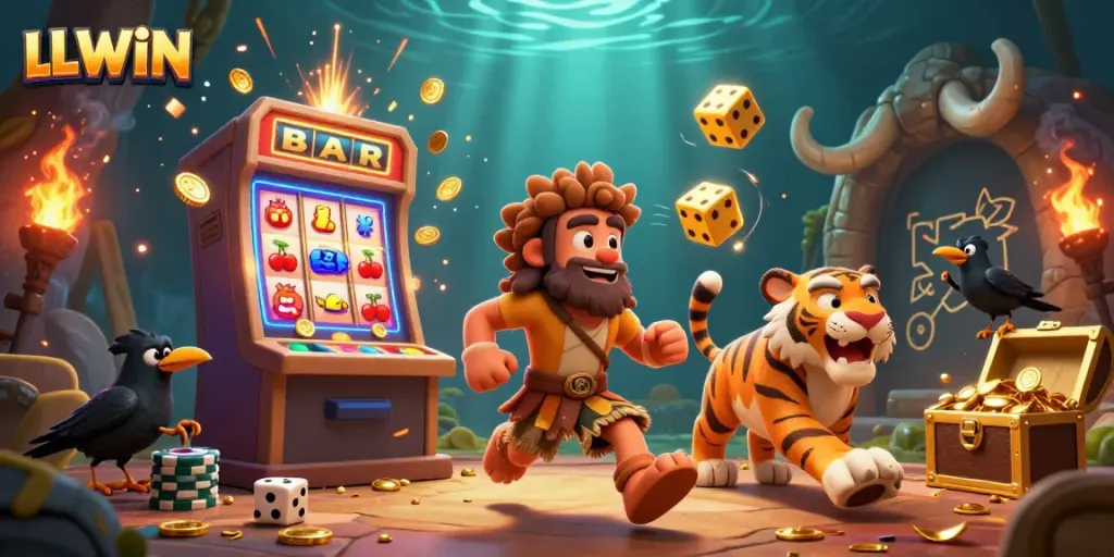 LLWIN showcases a vibrant prehistoric casino scene with playful characters and dynamic gaming elements.