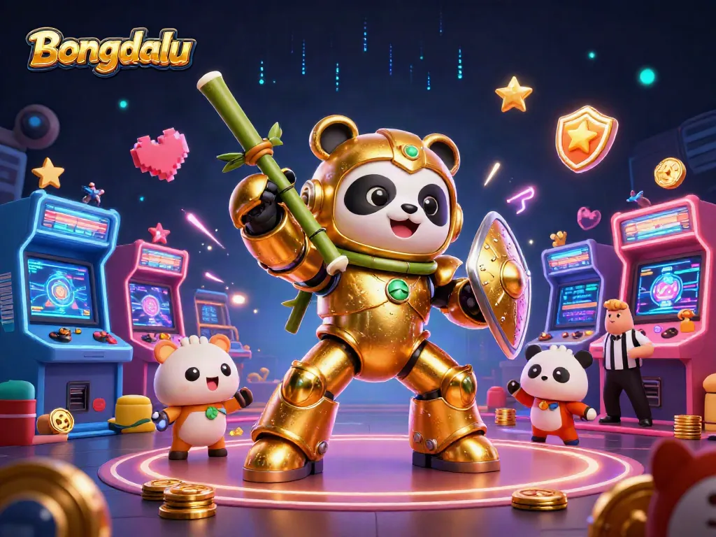 Bongdalu enhances the gaming experience with a cartoon panda in a mech-suit amidst vibrant casino elements.