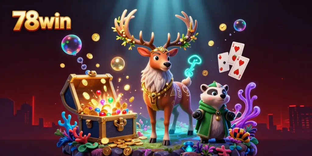 Engage with 78win's vibrant 3D casino world featuring a Celtic druid stag, a wise badger, and dynamic slot elements.