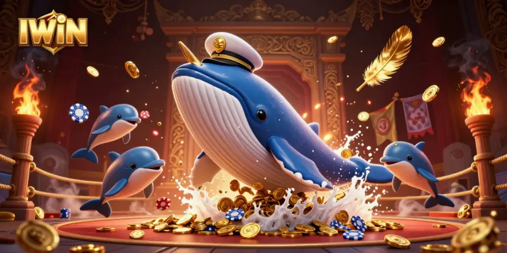 IWIN captures excited players as joyful dolphins perform tricks with poker chips among a vibrant treasure scene.