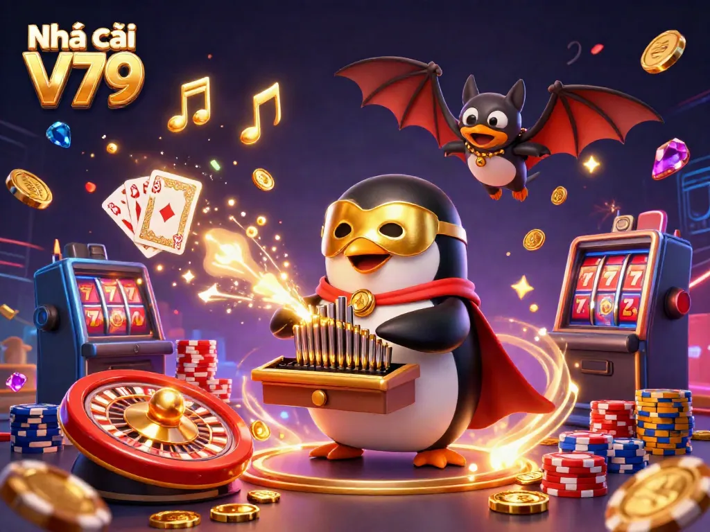 Engage with Nhà cái V79 as a mystical penguin plays an organ, releasing golden coins and excitement.