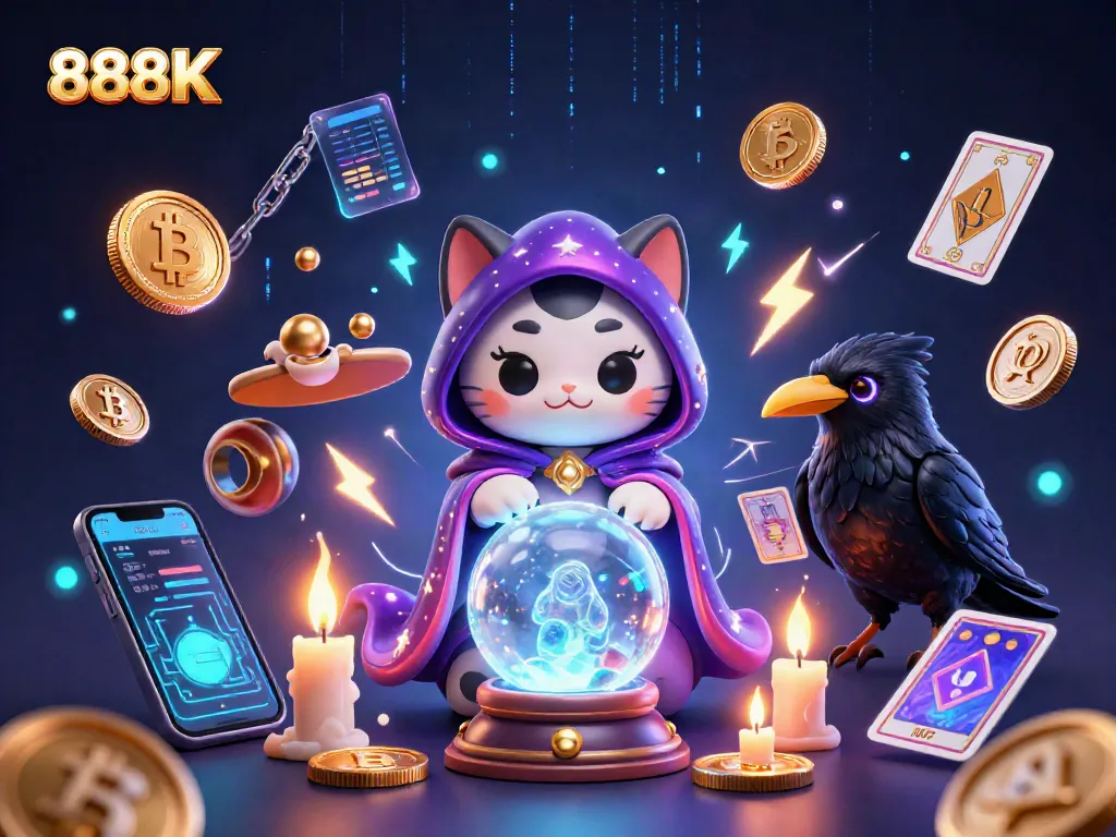 Engage with 888K's vibrant casino experience featuring animated mystical characters and crypto elements.