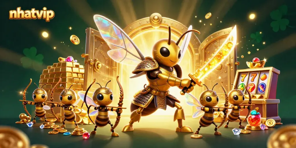 Nhatvip's vibrant and dynamic 3D promotional illustration showcasing exciting gaming elements and a golden hornet character.