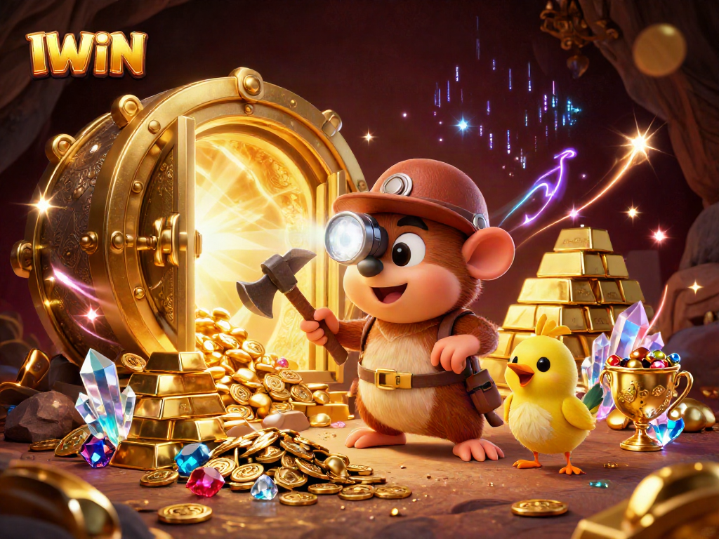 IWIN showcases a treasure hunt scene with a mole and canary amidst jewels and gold.