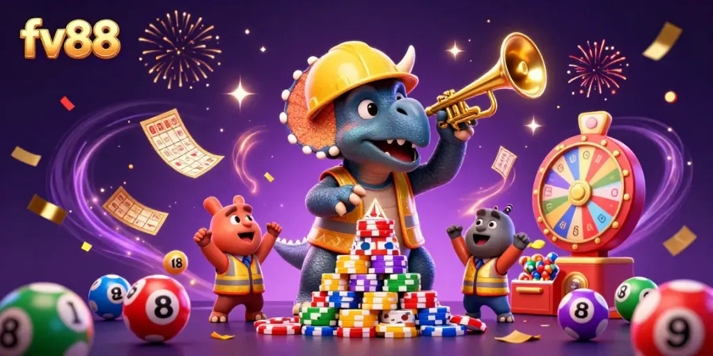 Experience the thrill of fv88 with a lively 3D scene of casino celebrations featuring playful characters.